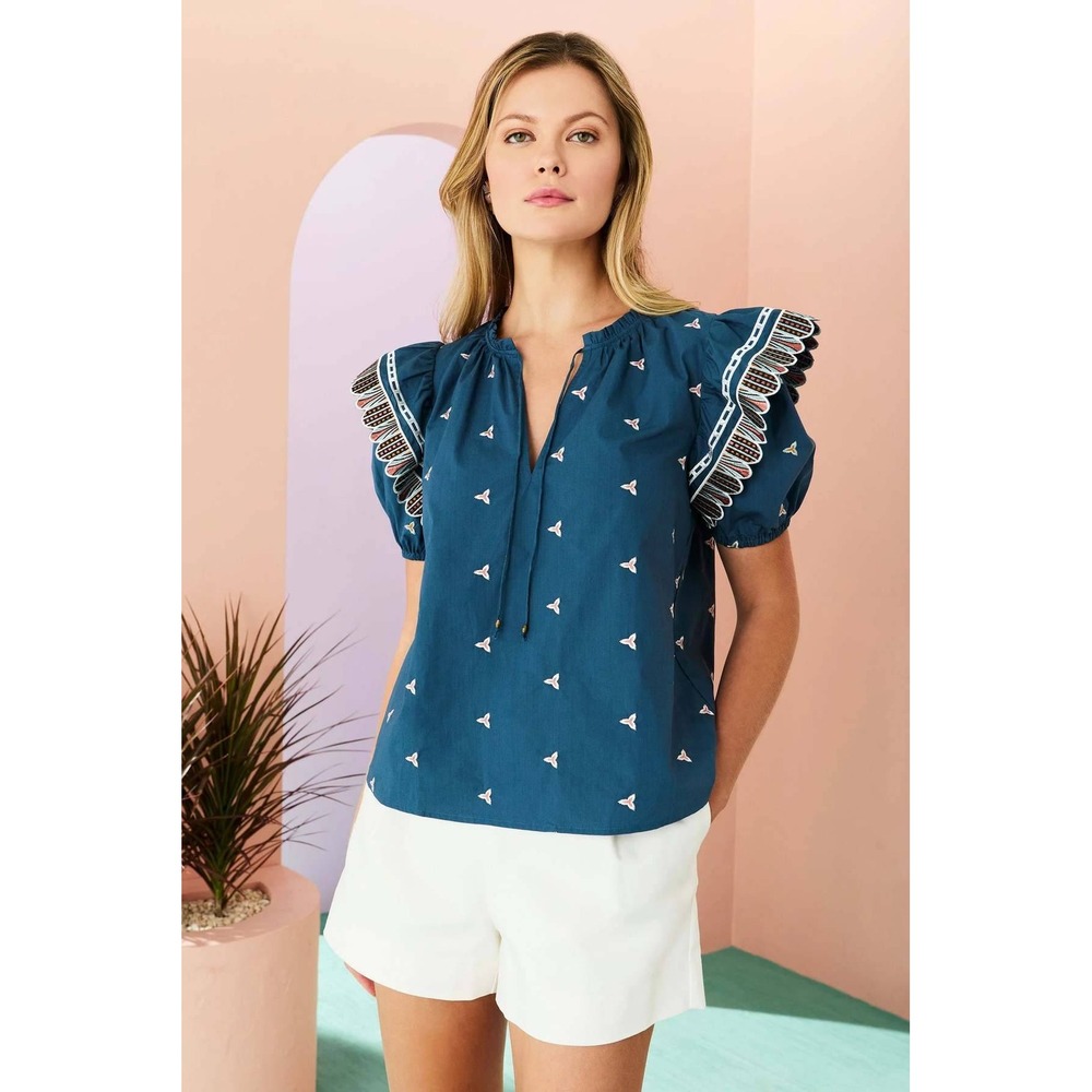 Marie Oliver Teal Blue Embroidered Flutter Sleeve Cotton Blouse Top XS